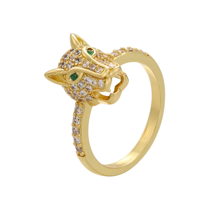 

Best Selling 18K Gold CZ Cubic Zirconia Micro Pave Animal Ring Bling Crystal Leopard Head Open Ring For Party