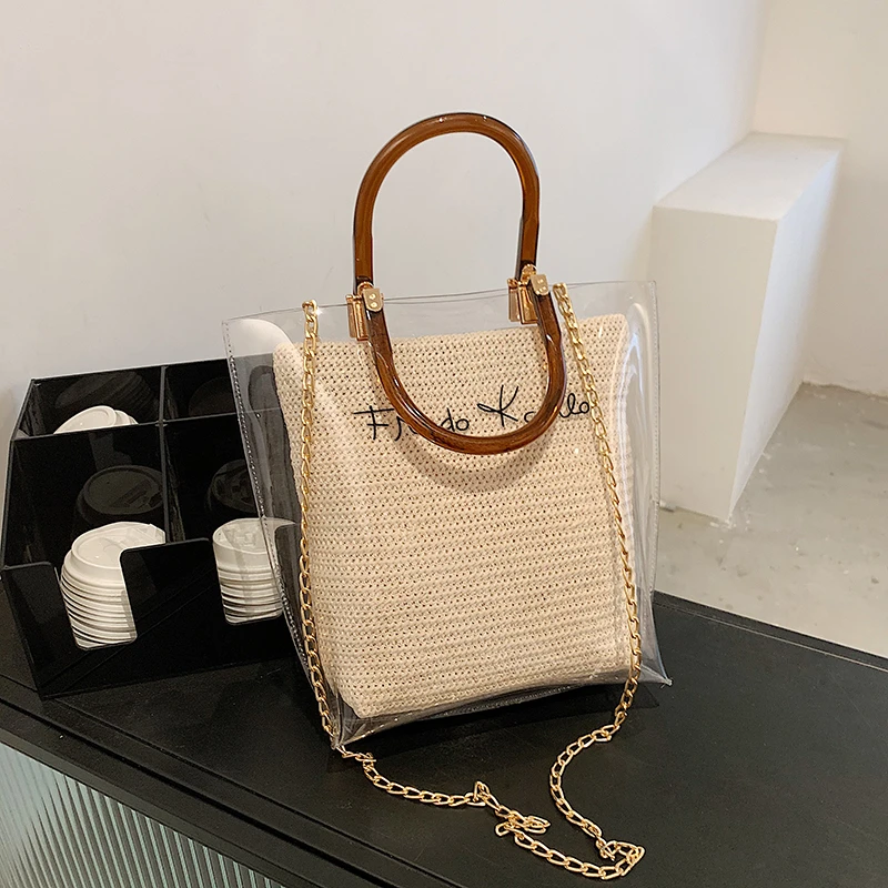 

fashion hot selling Bamboo portable transparent PVC handbags for women, Black,red,brown and customzied