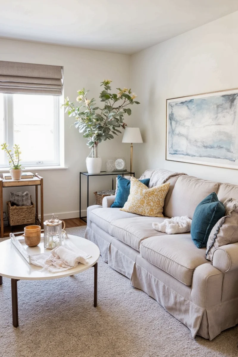 Living room with low-level seating and playful decor