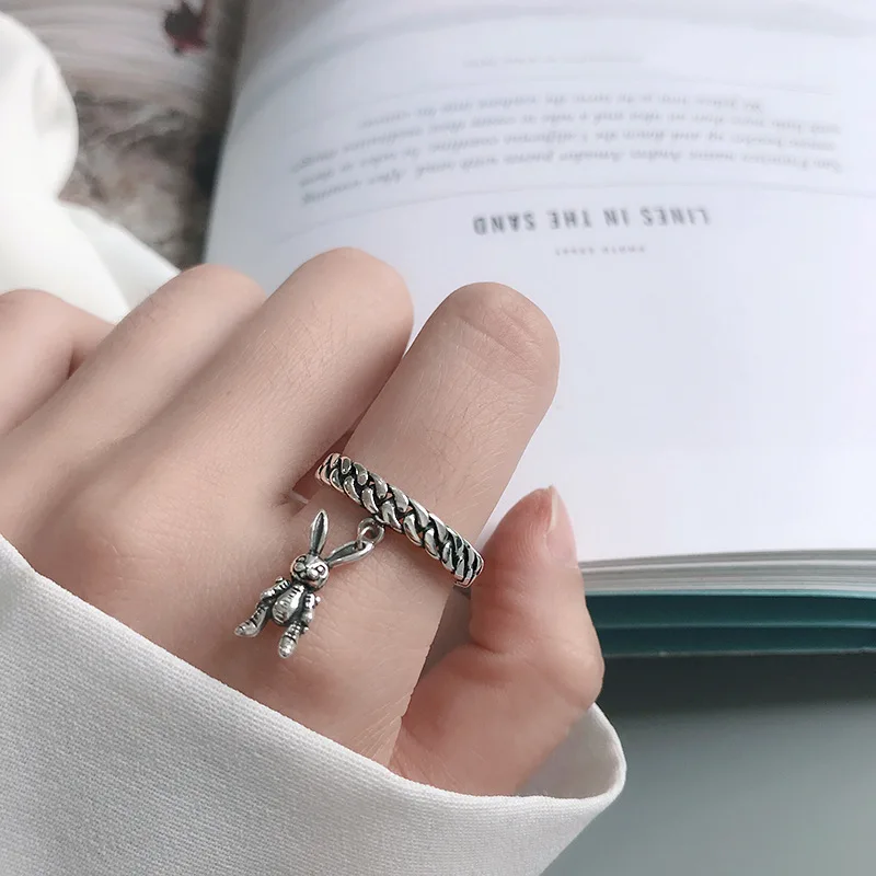 

Personality Vintage S925 Sterling Silver Rings Bunny Pendant Temperament Jewelry For Women Rabbit Gift Open Ring, Colorful