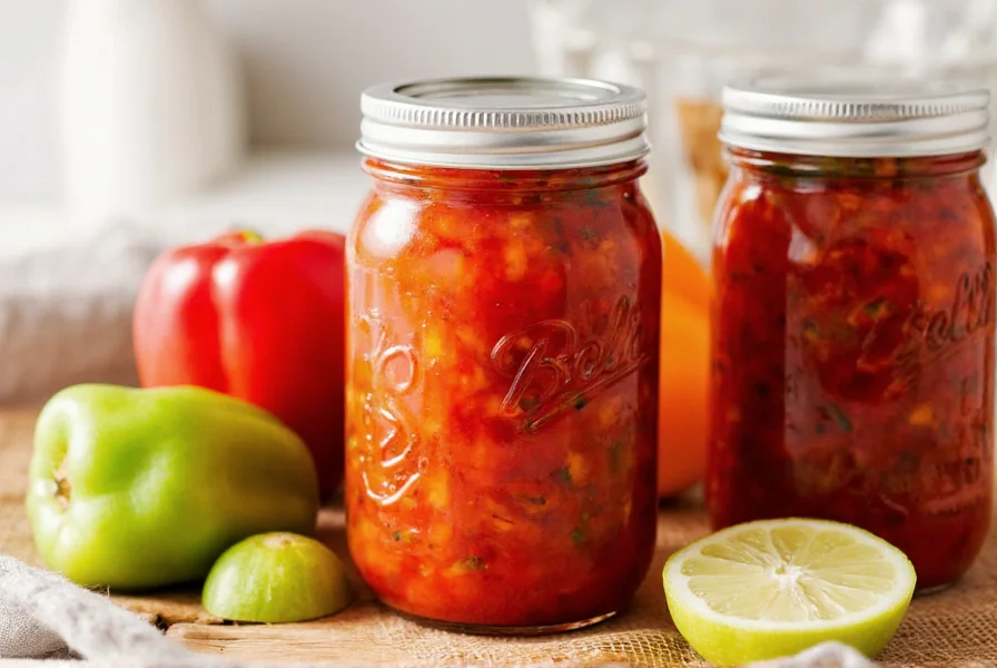 Cooking pepper relish in a pot while preparing mason jars for canning