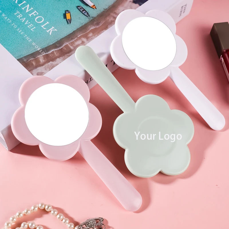 Zonyin Wholesale Custom Plastic Flower Shape HandHeld Mirror Small Round Pink Hand Held Makeup Mirror for Women Gift