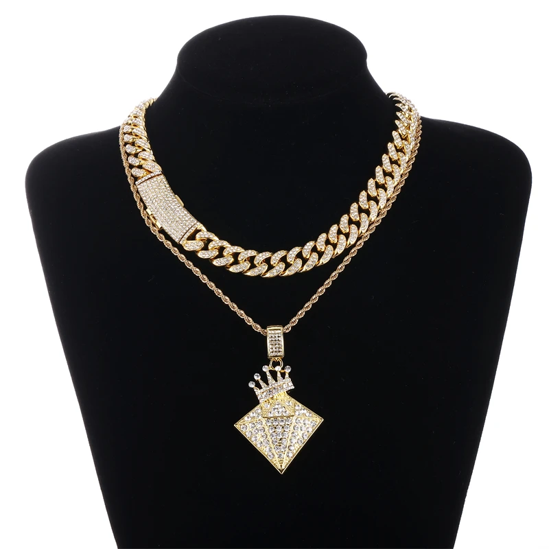 

Hot Sell Hip Hop Men's Jewelry Full Drill Alloy Jewelry Bling Crown Diamond Pendant with Chain Necklace Set