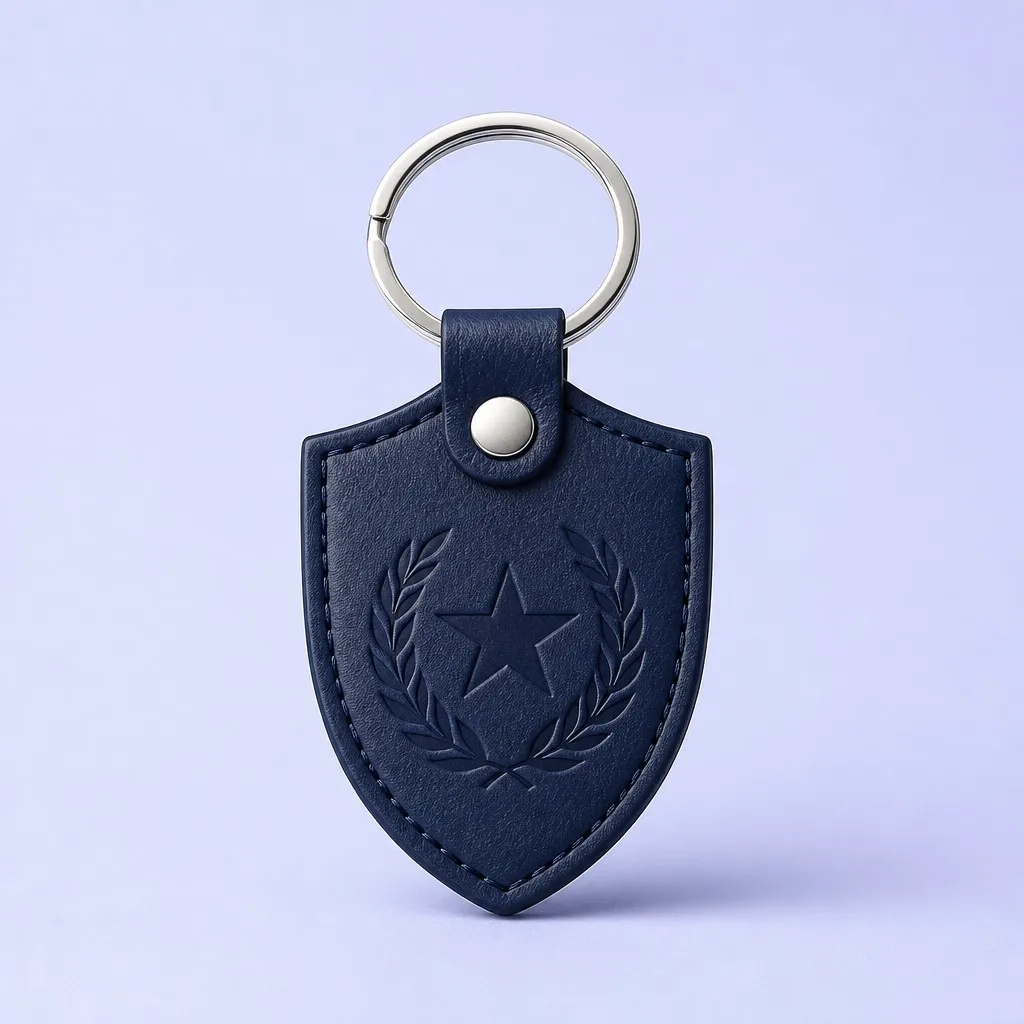 Custom navy shield-shaped leather keychain with star and laurel emblem, view 1