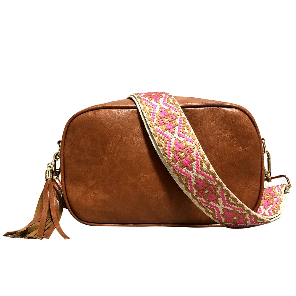 

Wholesale Custom Ethnic Embroidery Jacquard Cotton Wide Strap Crossbody Bag Leather Shoulder Bag Mini Satchel for Women