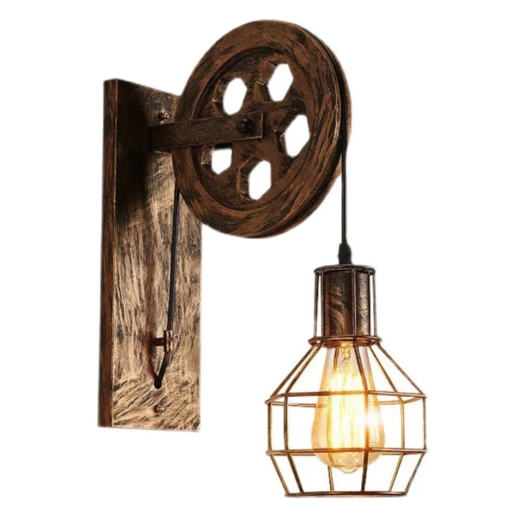 

American loft retro wood wall lamps rustic iron lantern cage wall light restaurant home decor industrial vintage wheel wall lamp