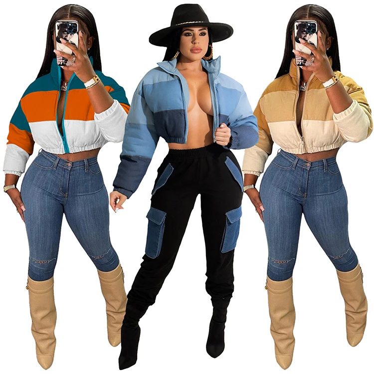 

2021 New Ladies Thick Puffer Jackets Long Sleeve Patchwork Windproof Warm Winter Women Short Coat, Picture