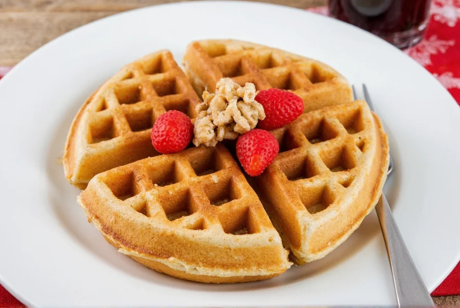 Golden brown homemade cinnamon toast crunch waffles topped with additional crushed cereal and maple syrup