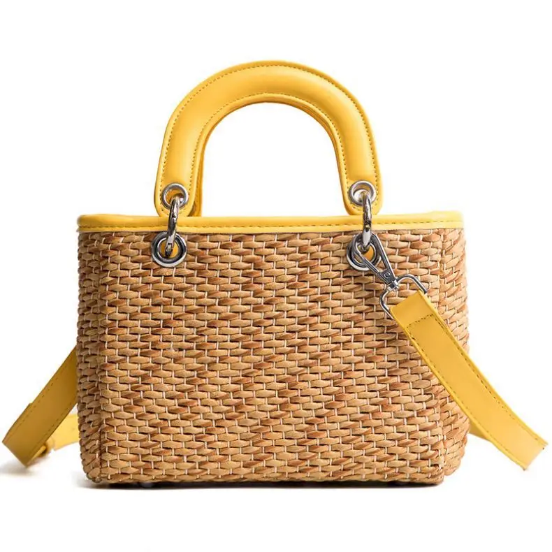 

fashionable handbag summer bamboo beach straw bags pu leather handle woven hand made lady's shoulder bag purse, Multicolor