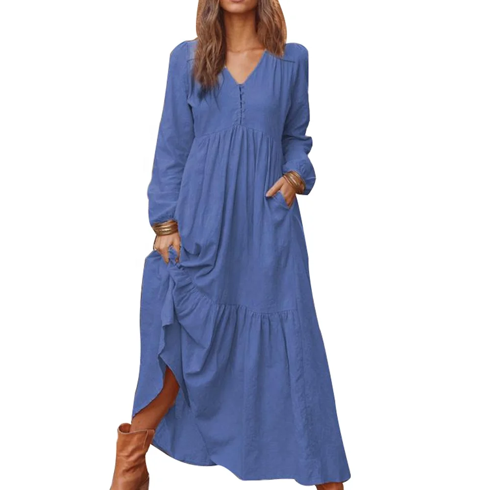 

women solid colour pleated cotton linen fabric Maxi Dress Long Sleeve Casual elegant Button Boho Kaftan Tunic Plus Size Dresses