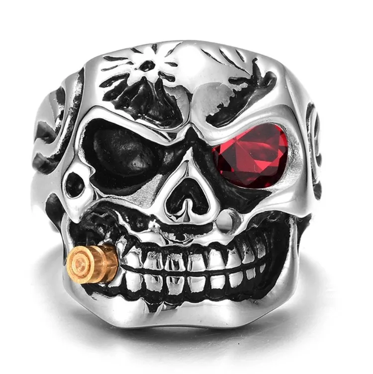 

Biker Jewelry Rings Hiphop Punk Style Skull Rings For Men, Red /white