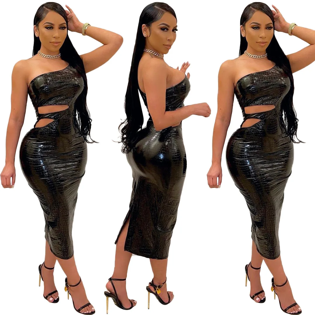 

Wholesale Sexy One Shoulder Pu Leather Hollow Out Black Bodycon Maxi Dresses For Ladies, 1colors