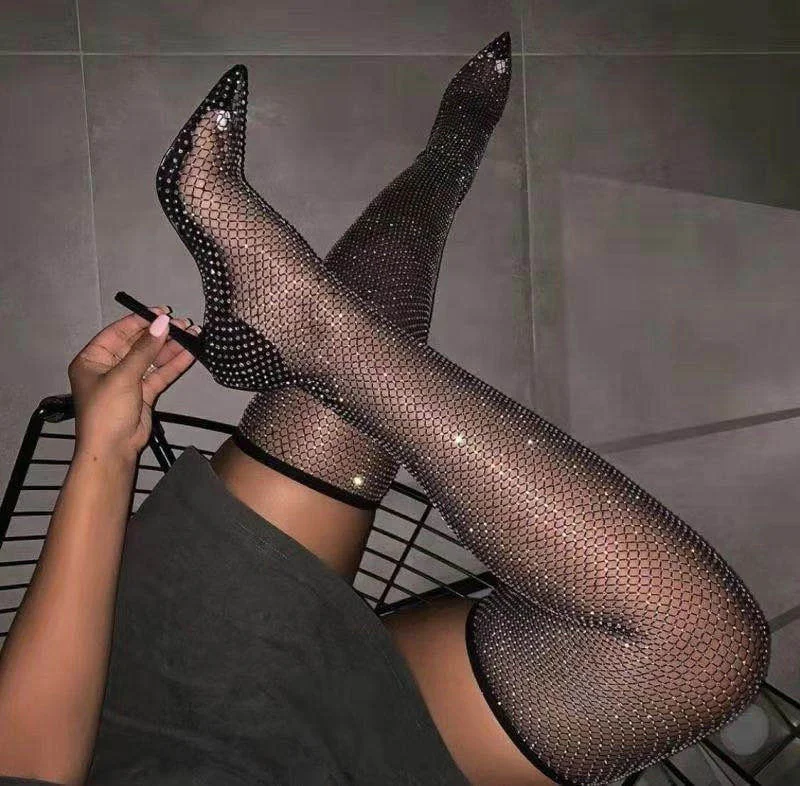 

hot sale sexy big size Heeled Thigh custom made sexy pointed toe black diamante fishnet ankle boots