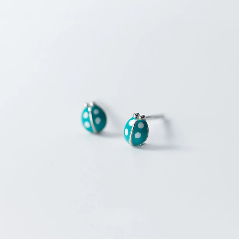 Mini 925 Sterling Silver Green Ladybug Women Sweet Animal Stud Earrings Wholesale