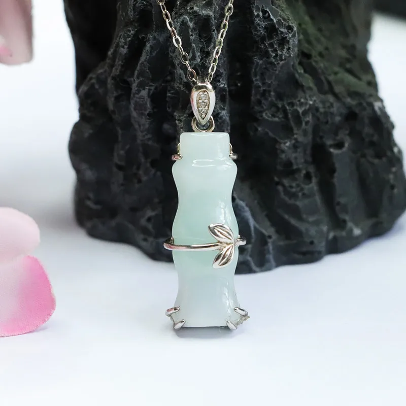 

S925 Silver Inlay Natural Emerald Pendant Bamboo Necklace Jewelry Factory Live Supply FC2082003