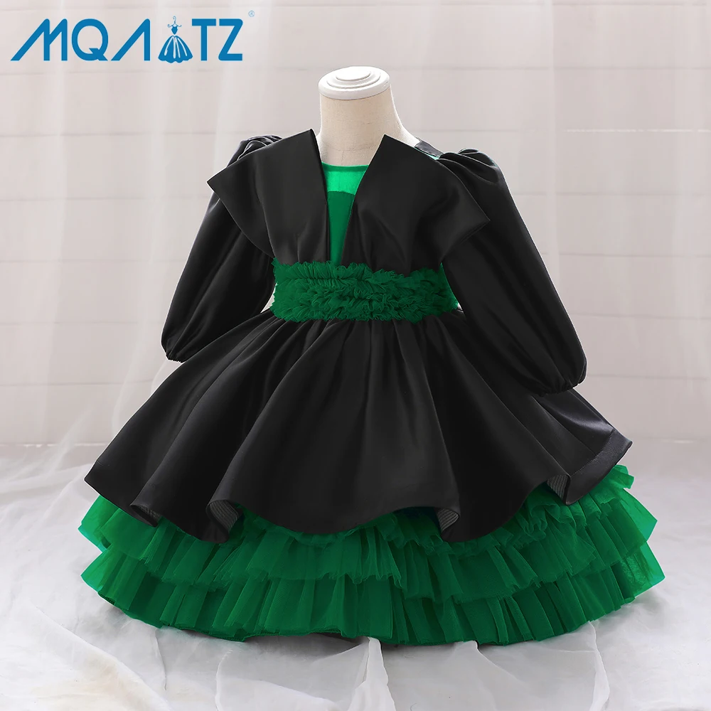 

MQATZ new arrival long sleeve layered kids toddler black and green satin girl dress infant 12m to 3 year L2155XZ