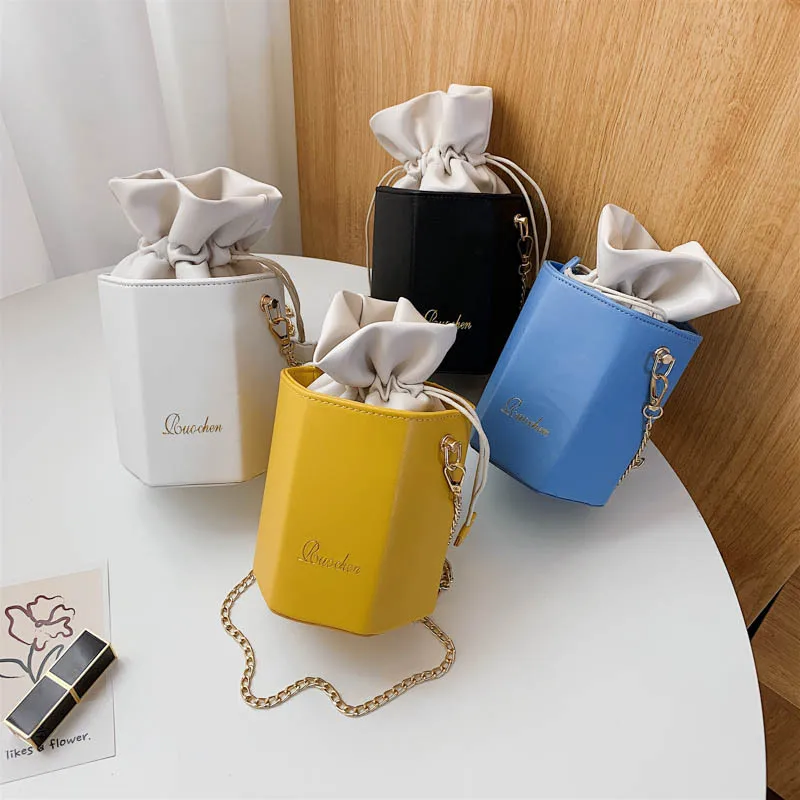 

summer 2021 women colorful leather bucket bag mini drawstring crossbody bag with chain