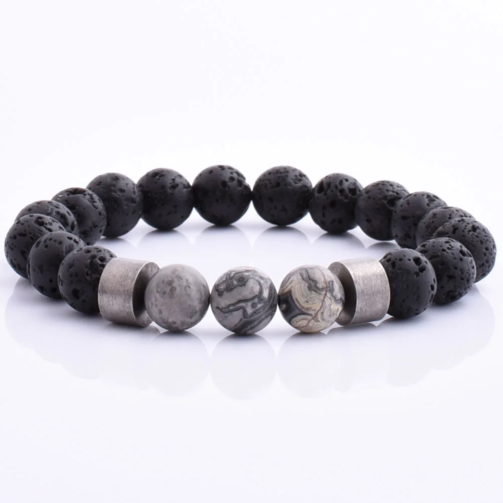 

Mens Stainless Steel Vintage Silver Charm 10mm Lava Stone Grey Jasper Stretch Bracelet