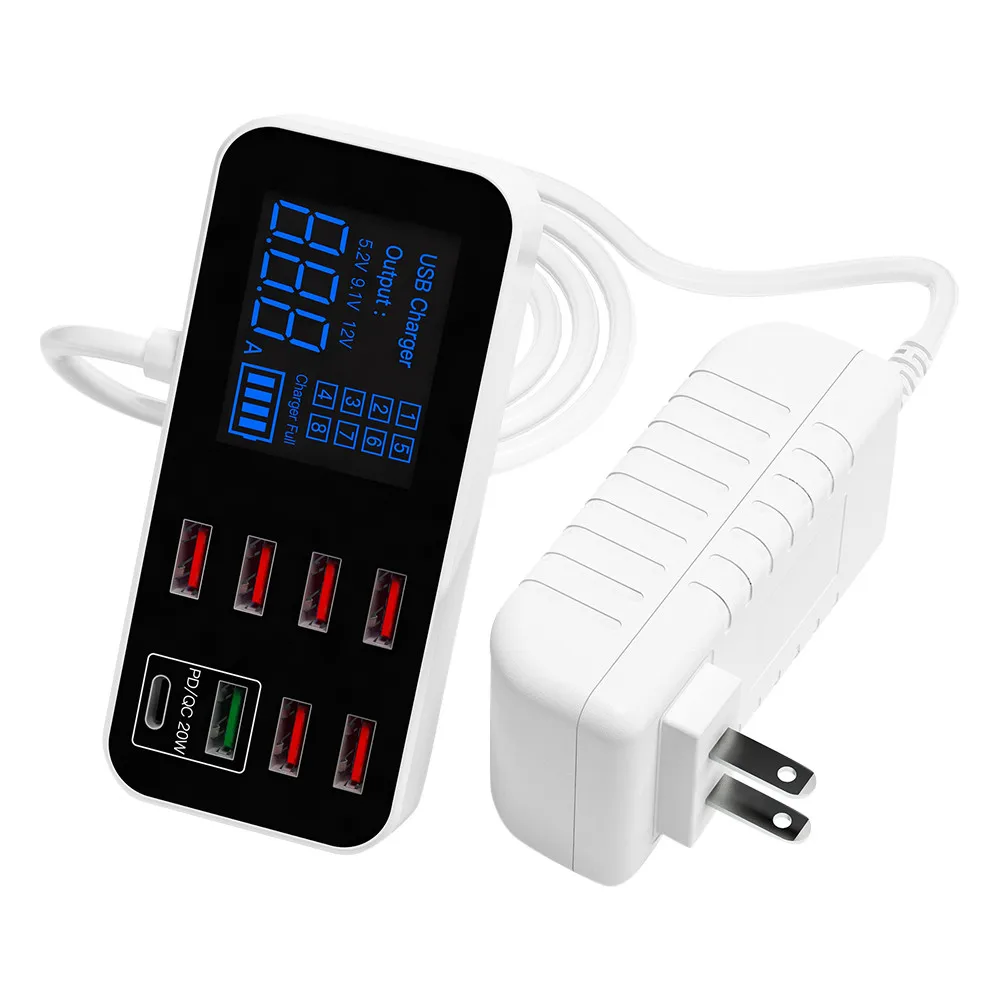 

2022 Newly Design Smart LED Digital Display QC3.0 PD Multi-port 40W 8 Ports 8A Wall Travel Usb Charger Hub with CE ROHS FCC, White