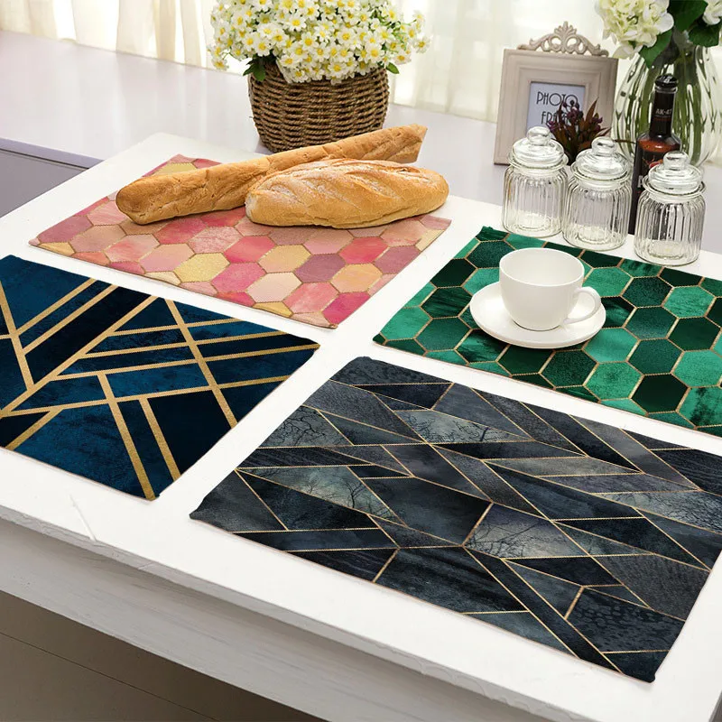 

Pink Geometric Marble Printed Cotton Linen Kitchen Placemat Dining Table Mat Coaster Pads Cup Mats 42*32cm Home Decor, As photo