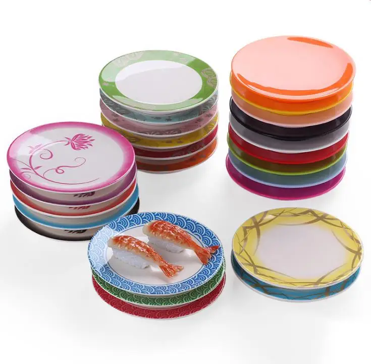 

Japanese Colorful Melamine Food Snack Dish Rotary Sushi Plate Round Plastic Conveyor Belt Sushi Serving Plates Dinnerware