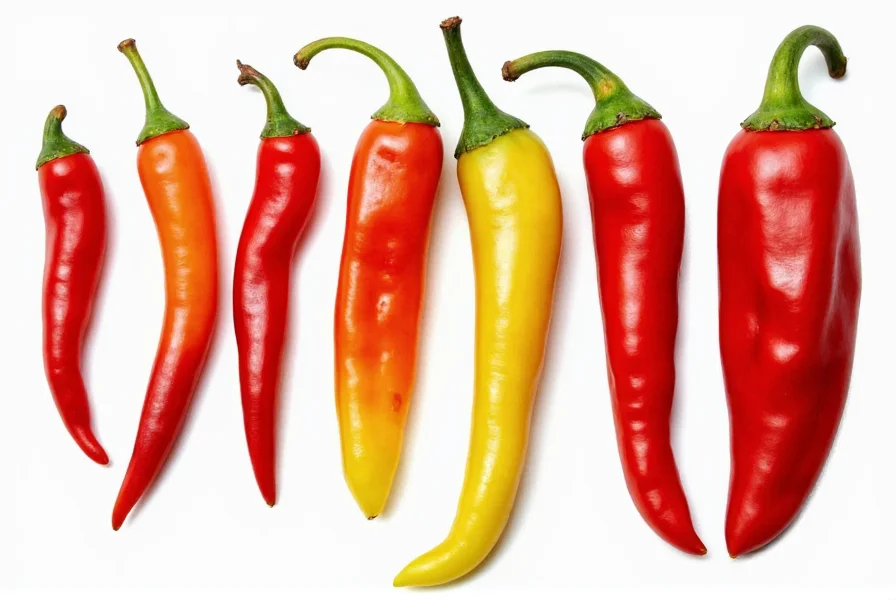 Various chili peppers arranged for comparison showing size, color, and shape differences
