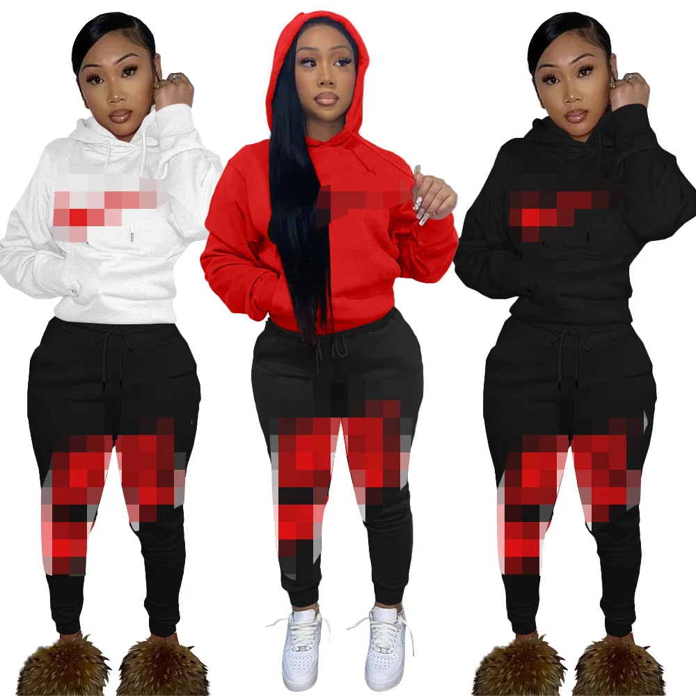 

Hot Trendy 2021 Sporty Terry Autumn Women Winter Hooded Sweatshirt Jogging Set Printed Two Piece Hoodie Tracksuit Sets