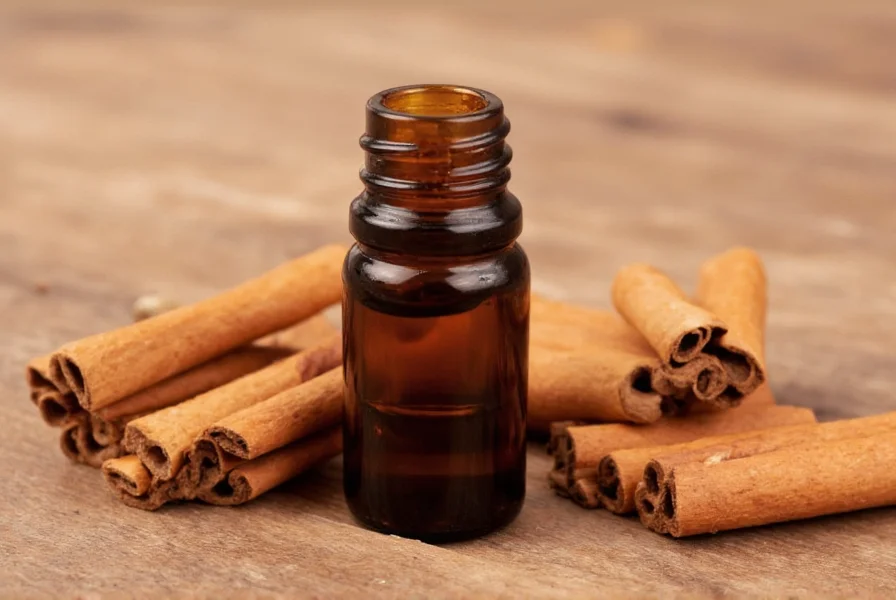 Glass diffuser with cinnamon sticks and essential oil bottles arranged artistically