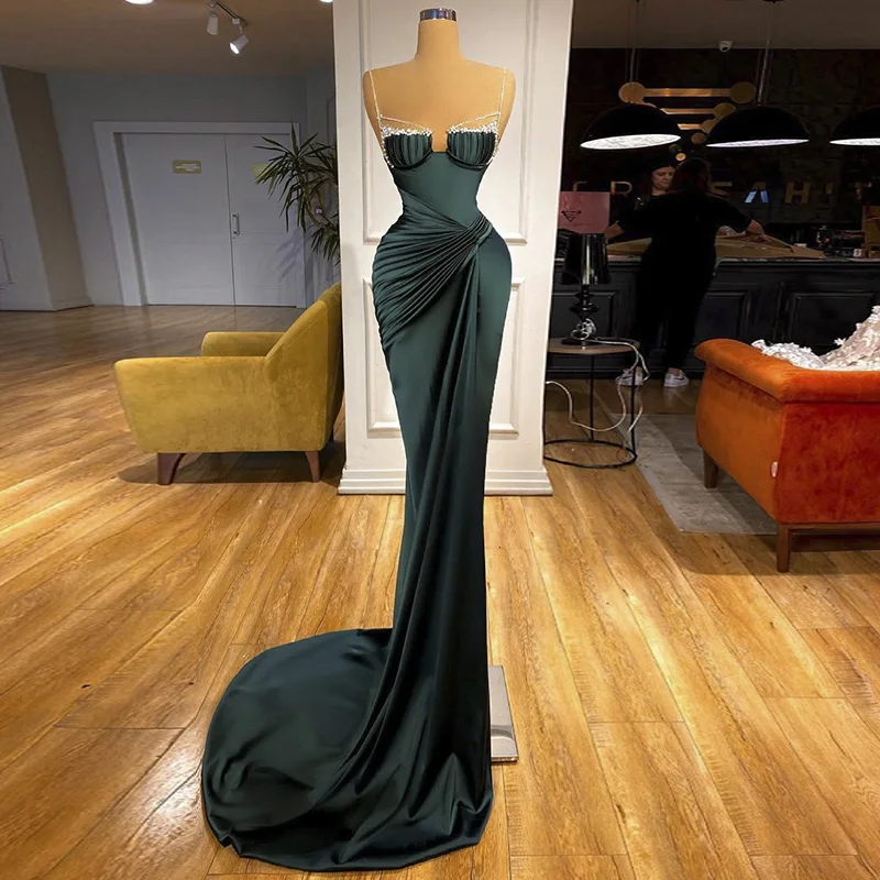 

Scz014 Spaghetti Straps Emerald Green Mermaid Evening Dress For Women Wedding Party Crystal Long Prom Formal Dresses