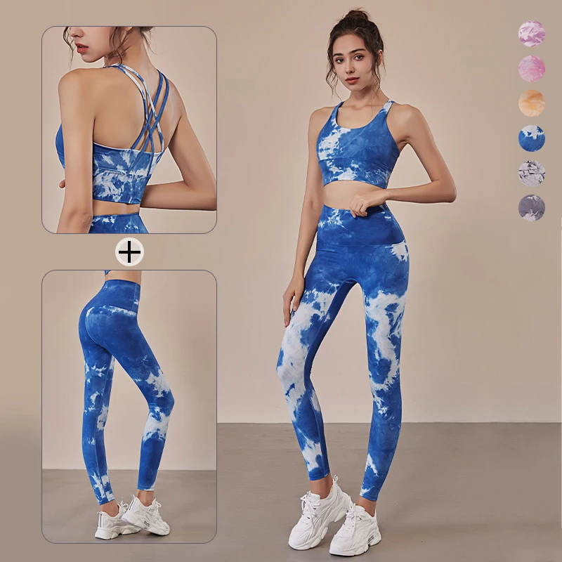 

2021 Custom Tie Dye Seamless Yoga Sets Gym Fitness Workout Sports Bra Sets High Waist Activewear Yoga Set For Women