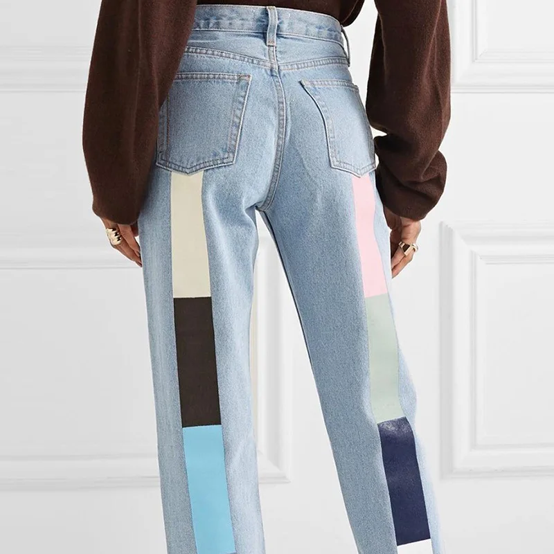 

2021 Shein New Collection Denim Pants Stitching Hit Color Printed Vogue Leisure Streetwear Casual Long Pants Women
