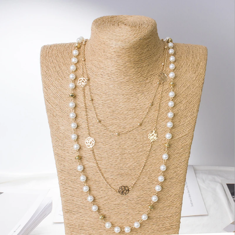

Korean Style 3 Layer Necklaces Long Chain Sweater Women Pearl Necklace For Winter, Colorful