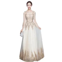 

SADI Fashion Elegent Beaded Hollow Back Long Sleeve Sexy Champaign Gold Party Formal Gown Wear Chiffon Women Evening Dress