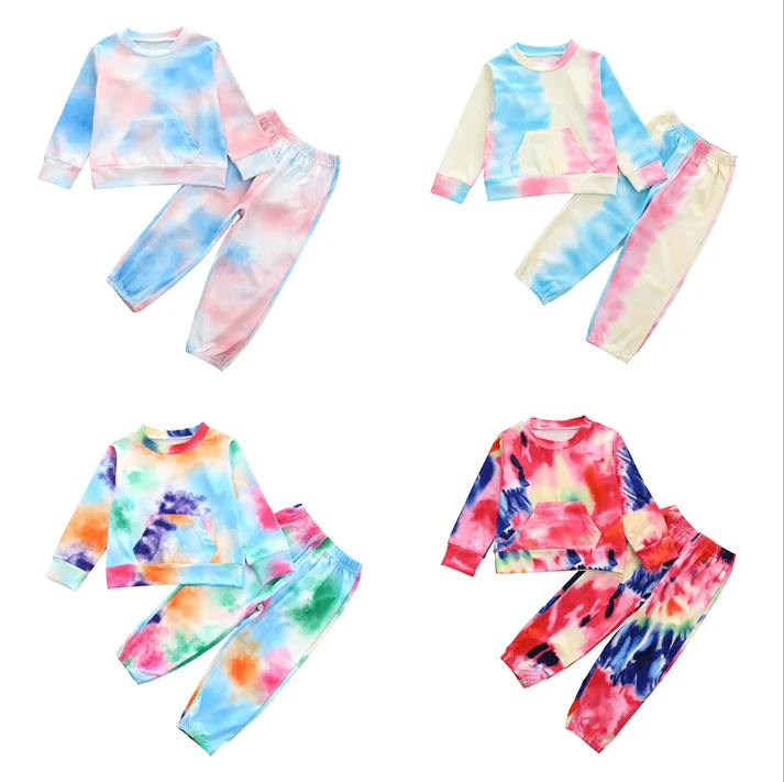 

2021 ins tie dye long sleeve pocket elastic colorful primary middle school leisure sports toddler clothing girl for wholesale, As pic shows, we can according to your request also