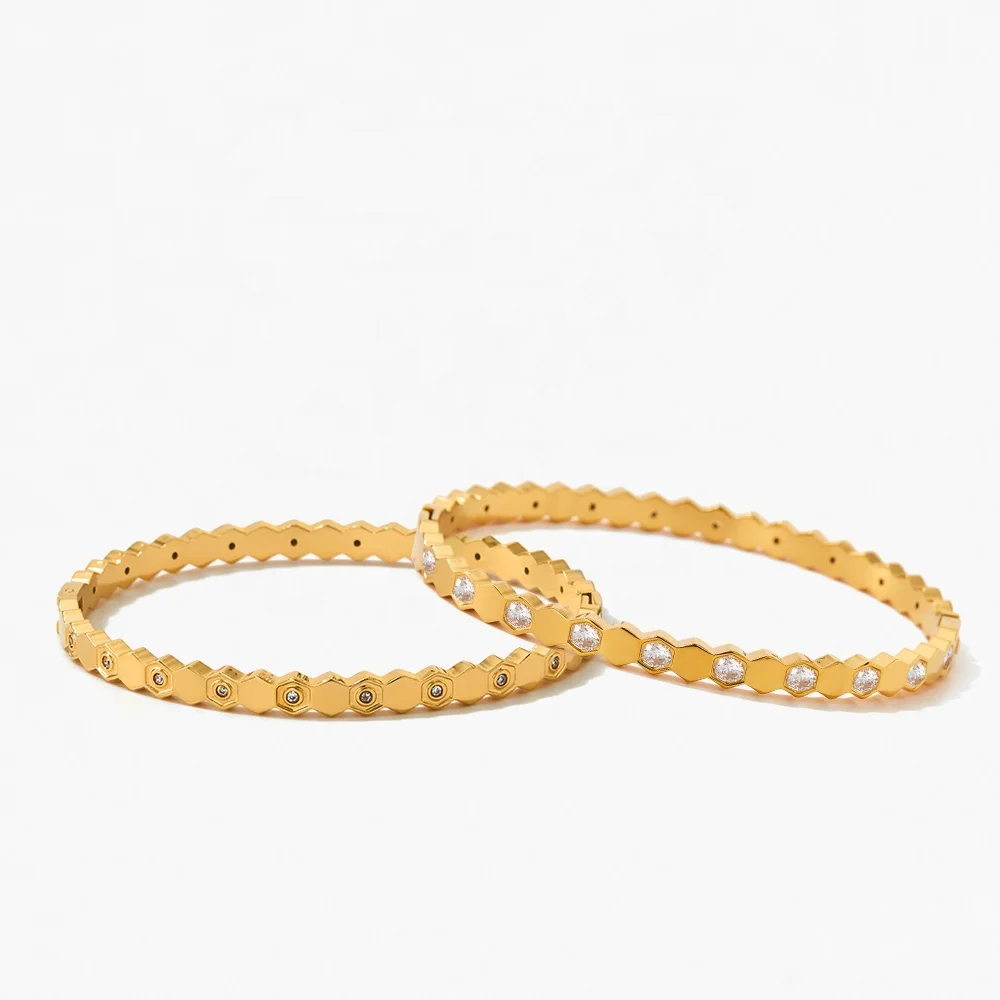 

Exquisite Honeycomb Shape Double-Sided Shiny Clear Zircon Bracelet Stainless Steel Cubic Zirconia Bangles