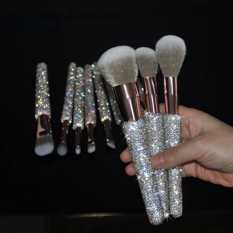 

2021 vanity 12 pcs private label beauty pink silver blinged out diamond holographic glitter brush crystal bling rhinestone brush