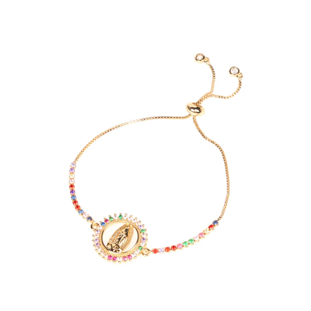 

Wholesale high quality woman charm bracelet Virgin Mary colorful Zircon bracelet gold-plated adjustable bracelet jewelry, Mix color