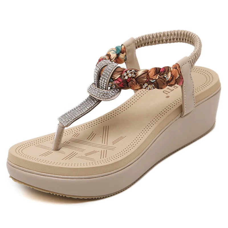 

Summer bohemian style sandalia factory women shoes beach fashion rhinestones wedge thong girl lady sandal platform woman sandal, Black, tan