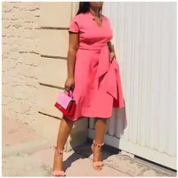 

Pink Women Dress Summer Short Sleeve V-Neck Knee Length Summer A-Line Dress Elegant Femme Robe Office Lady Party Dresses