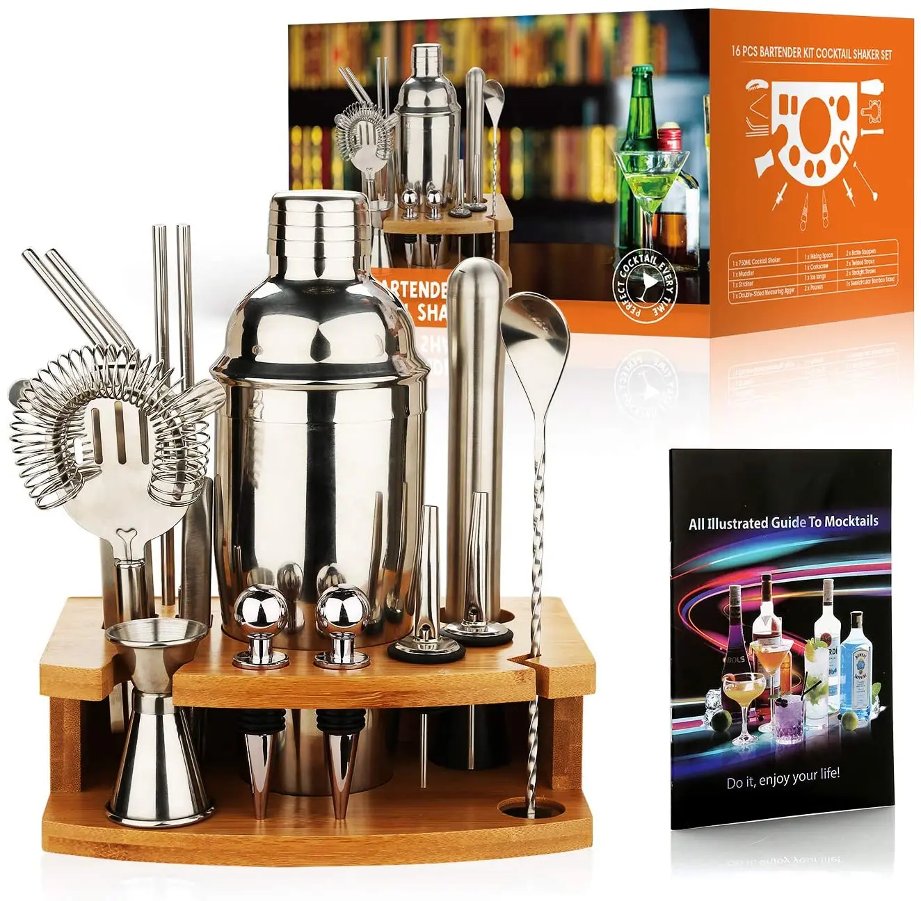 

Factory Direct Cocktail Shaker Making Set Bright Silver 16pcs Bartender Kit with Semicircle Eco Bamboo Stand