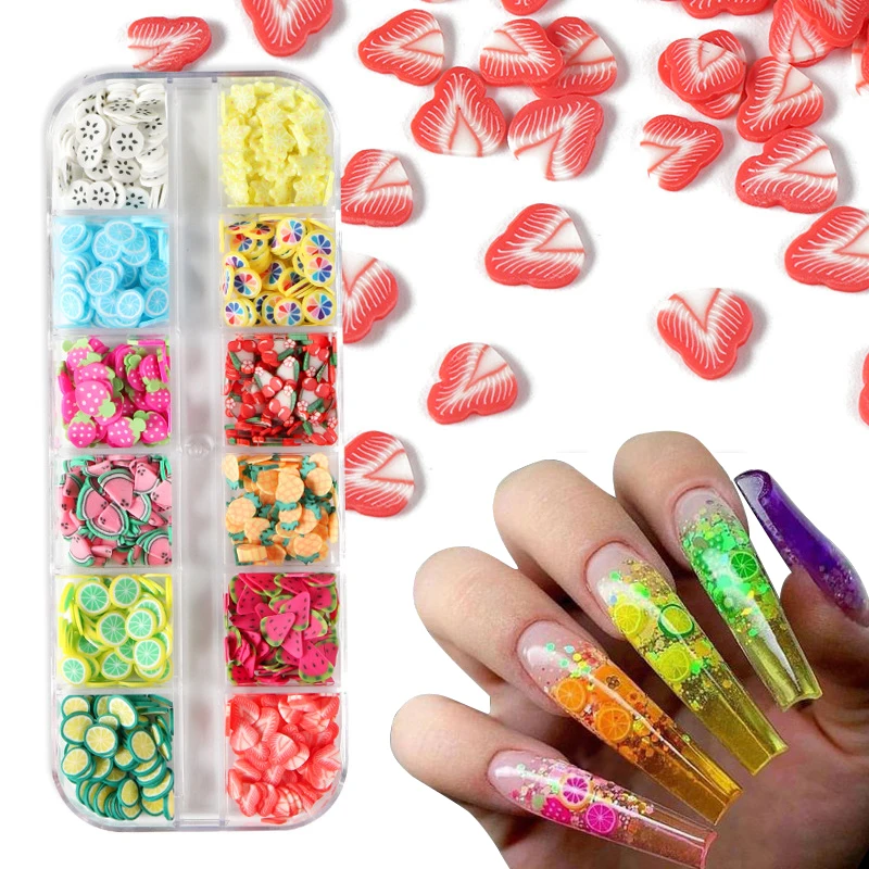 

Nail Art Accessories Wholesale Fruit Nail Decals Colorful 12 Styles Mixed Polymer Fruit Slice 3D Decoration For Nailsai