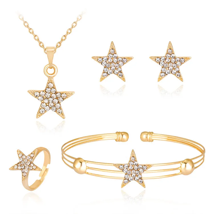 

Cross-Border Hot-Selling New Necklace Set, Exquisite Alloy Diamond Five-Pointed Star Necklace And Earrings Four-Piece Set, As picture