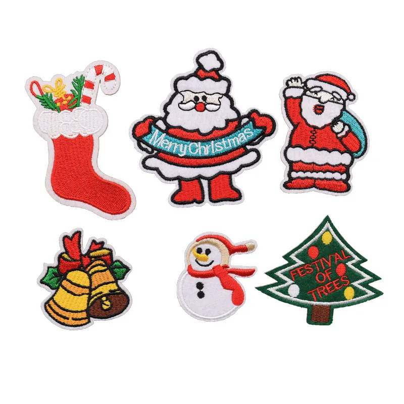 

Customize wholesale iron on patch fashion festival decoration christmas trees socks santa claus embroidery patches