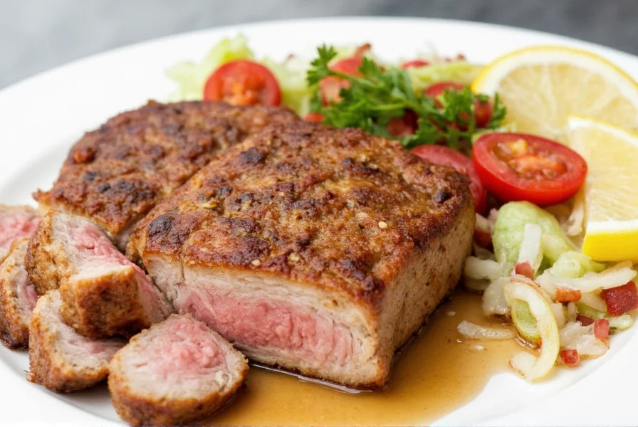 Seasoned pork steak sizzling on a pan
