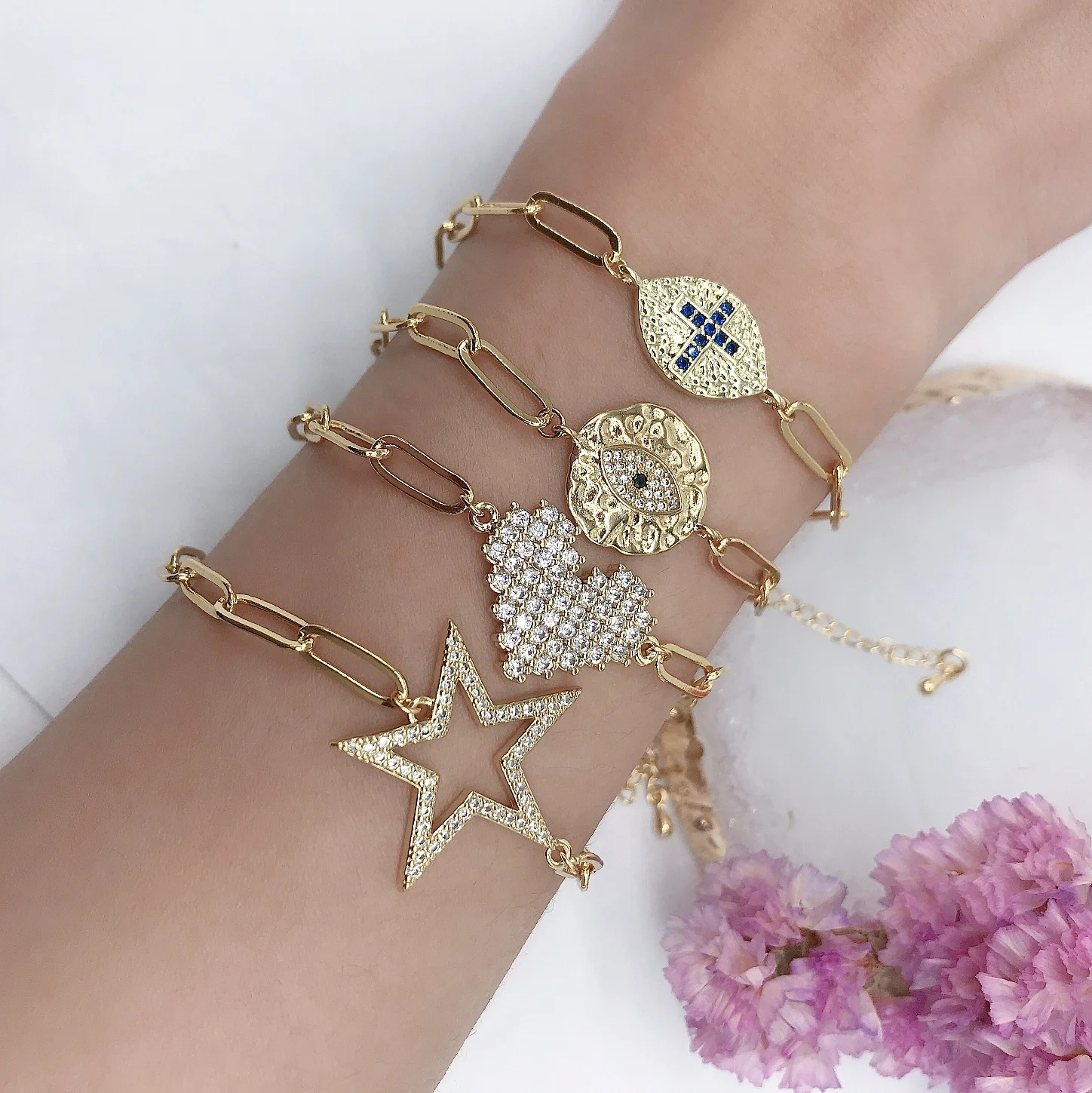 

New jewelry gold plated evil eyes charm bracelets zircon heart women bracelets