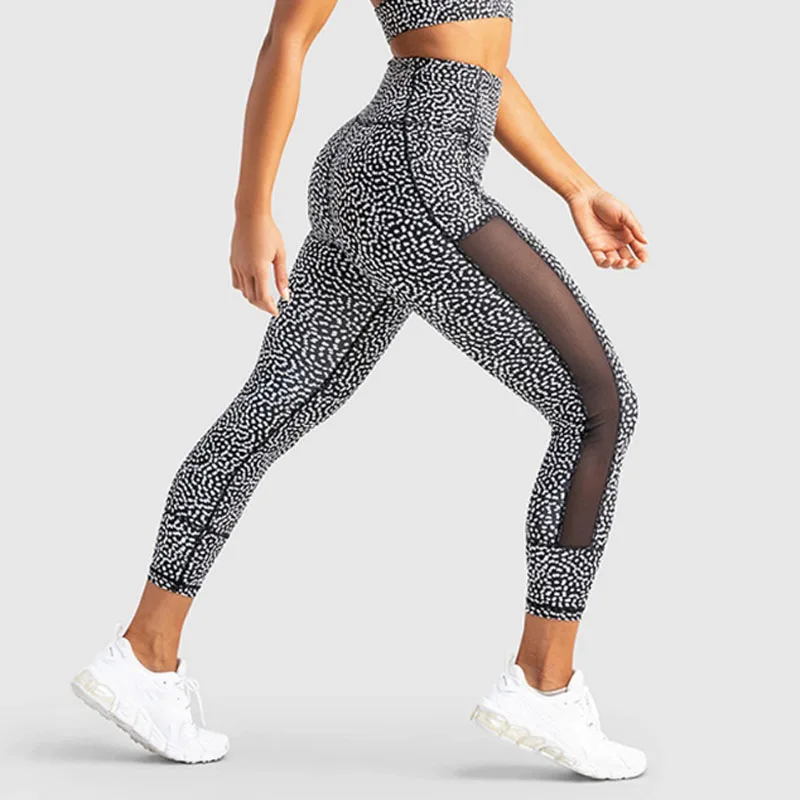 

New arrival Top ranking sexy polyester spandex women fitness wear spot printed black mesh yoga legging