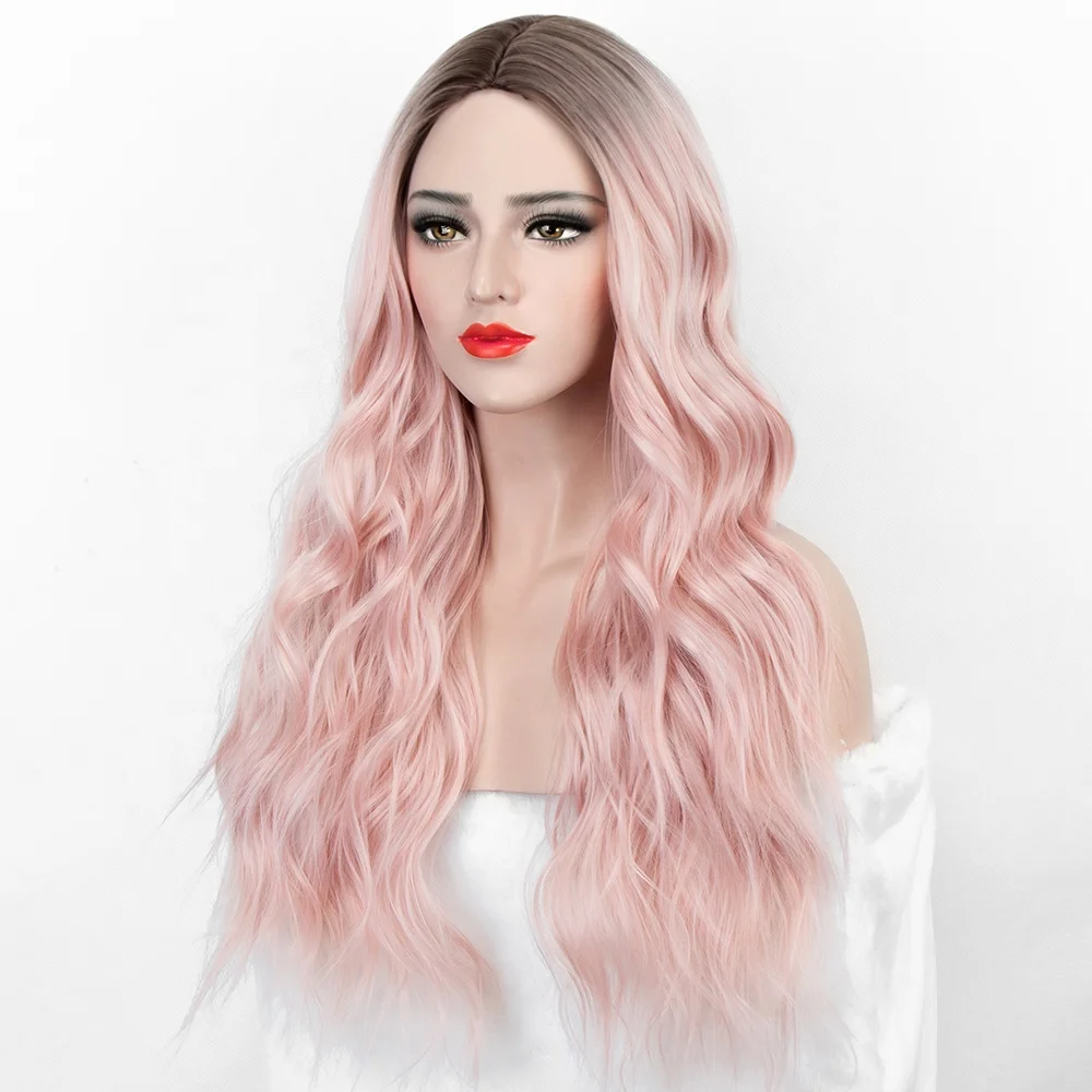 

Aliblisswig Natural Looking Dark Root Ombre Pastel Pink Long Wavy Middle Part Heat OK Fiber Hair None Lace Synthetic Wigs