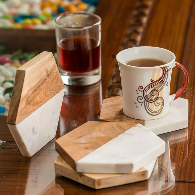 

Wholesale Tea Coffee Round Hexagon Cup Coaster Wood And Acacia Marble Coasters