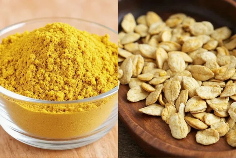 Close-up photography of yellow ground mustard powder in glass jar with wooden spoon, natural lighting, food styling