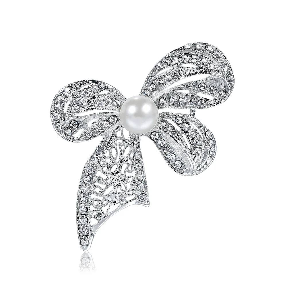 

Simulated Pearl & Crystal Bow Silver-color Brooch Pins Jewelry High Quality Brooches for Women Clothes